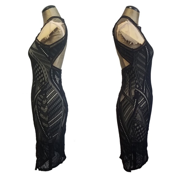 -NEW- Boutique stretch club mini black nude dress - Picture 4 of 8